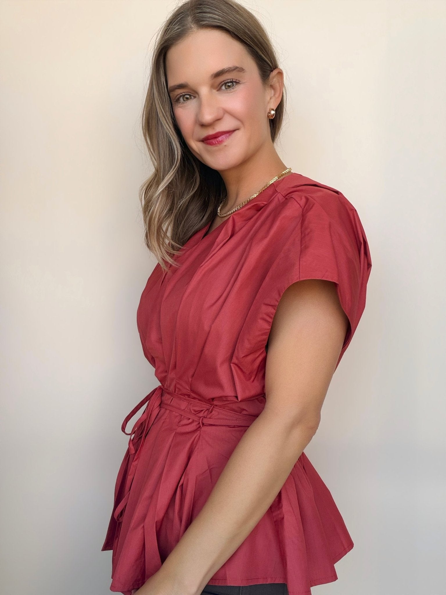 Nora Pleated Tie Waist Peplum Blouse - Elle Maxine