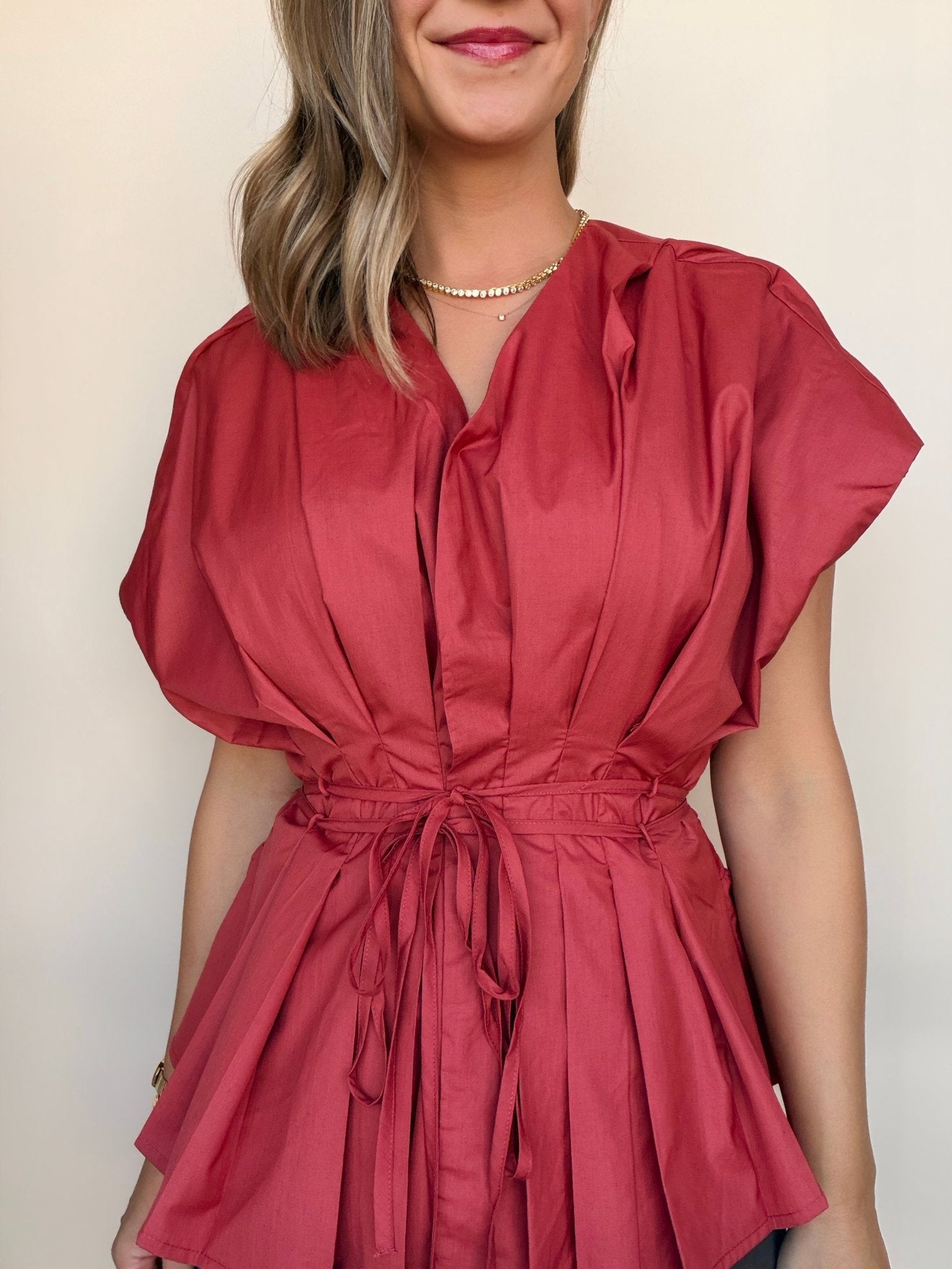 Nora Pleated Tie Waist Peplum Blouse - Elle Maxine