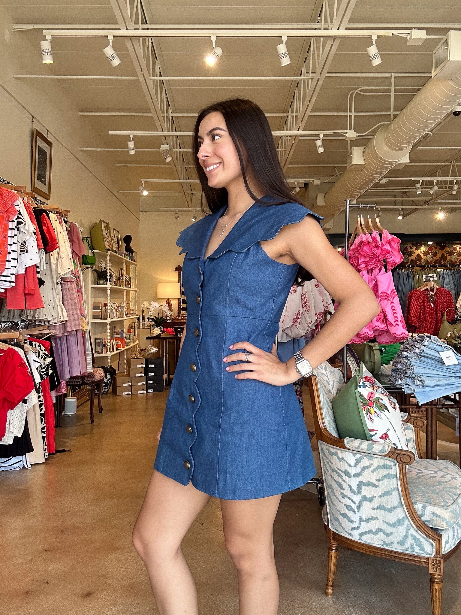 Olivia Denim Scallop Button Dress - Elle Maxine