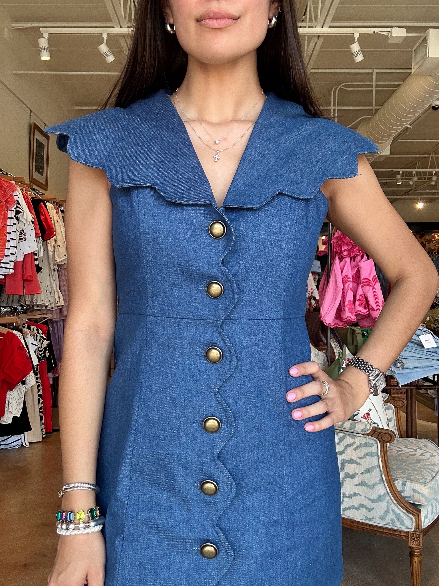 Olivia Denim Scallop Button Dress - Elle Maxine