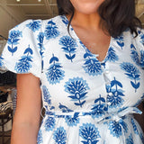 Perry Floral Puff Sleeve Midi Dress - Blue - Elle Maxine