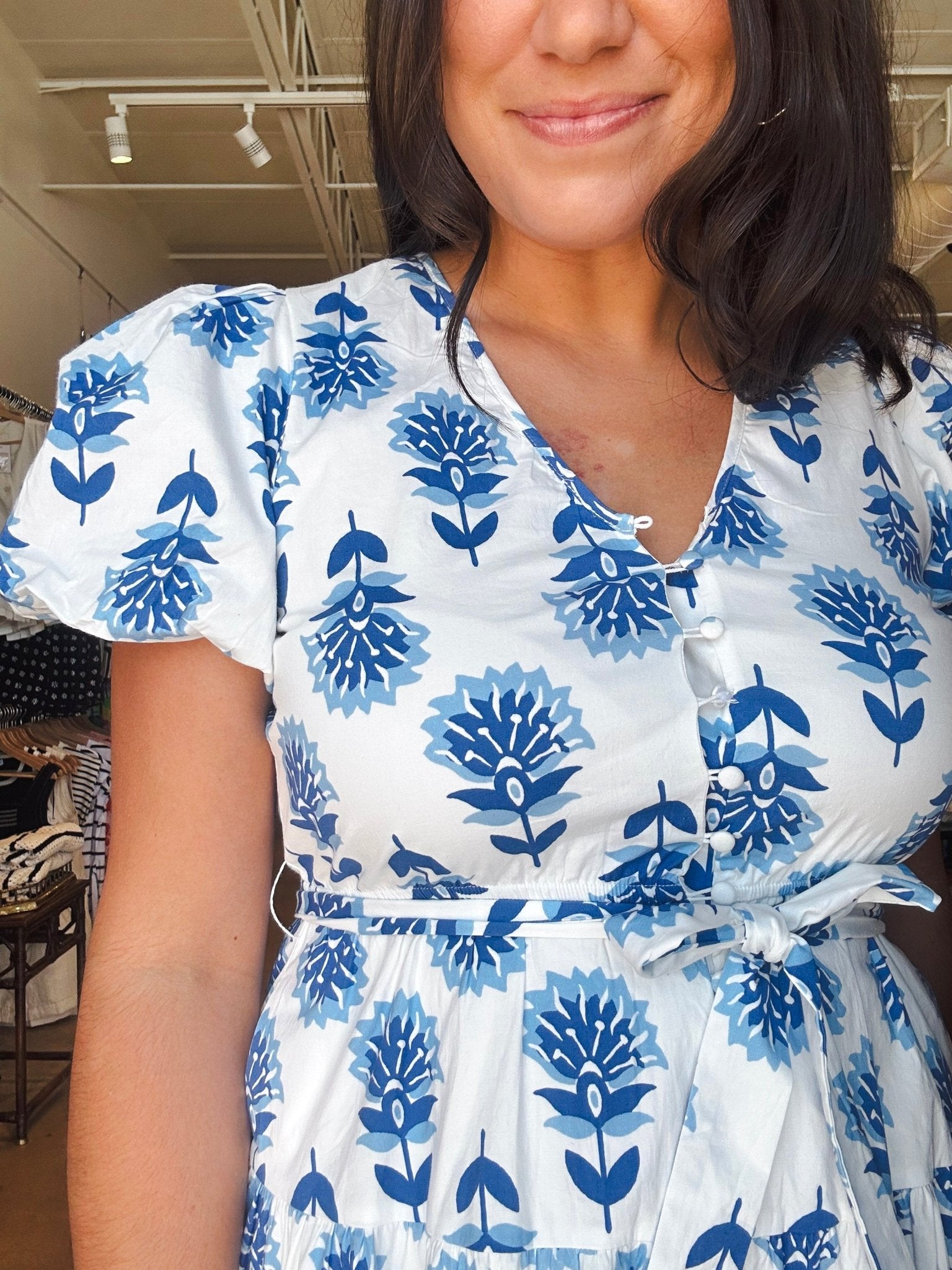 Perry Floral Puff Sleeve Midi Dress - Blue - Elle Maxine