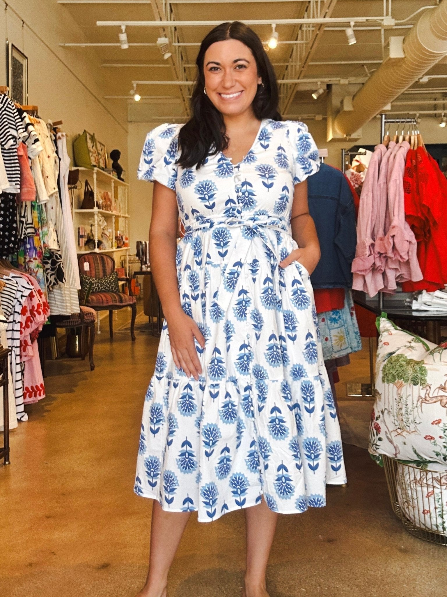 Perry Floral Puff Sleeve Midi Dress - Blue - Elle Maxine