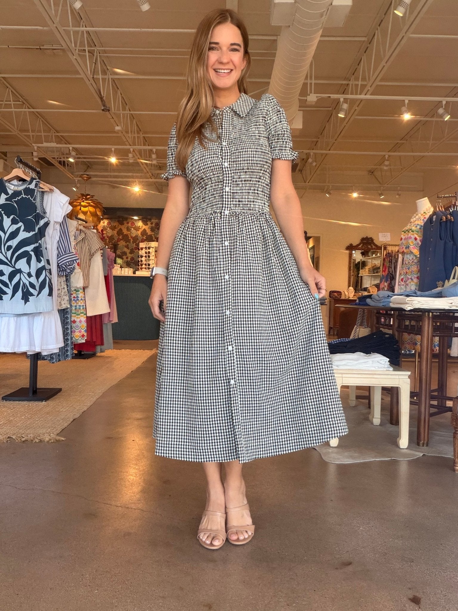 Rachel Smocked Gingham Midi Dress - Elle Maxine