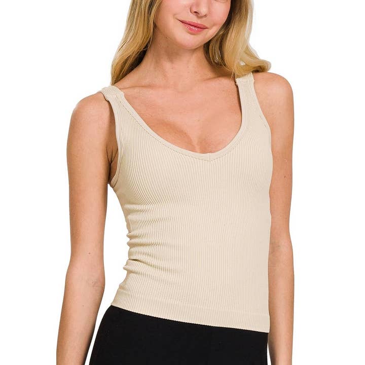 Ribbed Padded V-Neck Tank Top - Elle Maxine