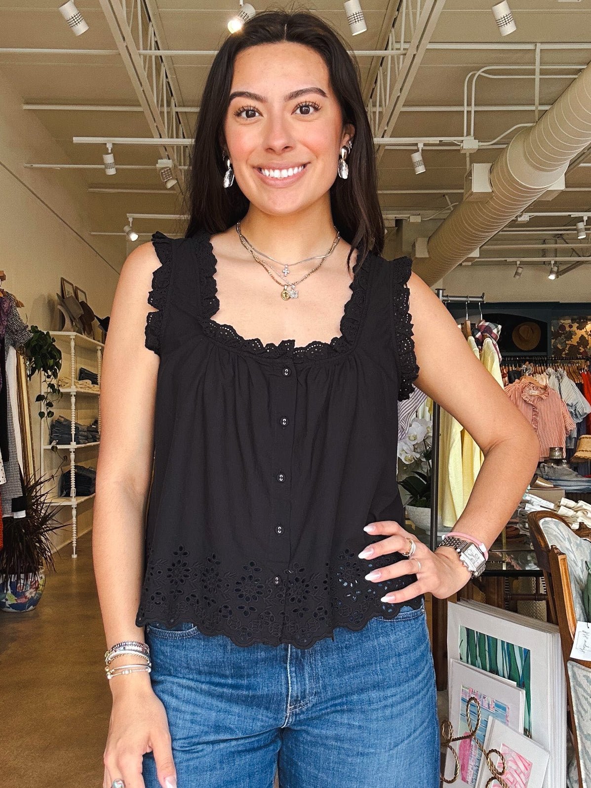 Rosabel Ruffle Eyelet Tank - Black - Elle Maxine