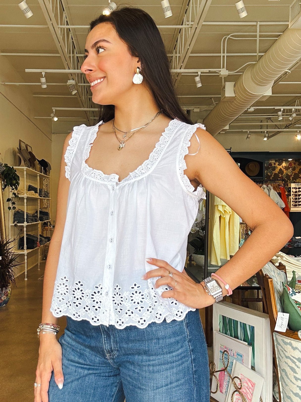 Rosabel Ruffle Eyelet Tank - White - Elle Maxine