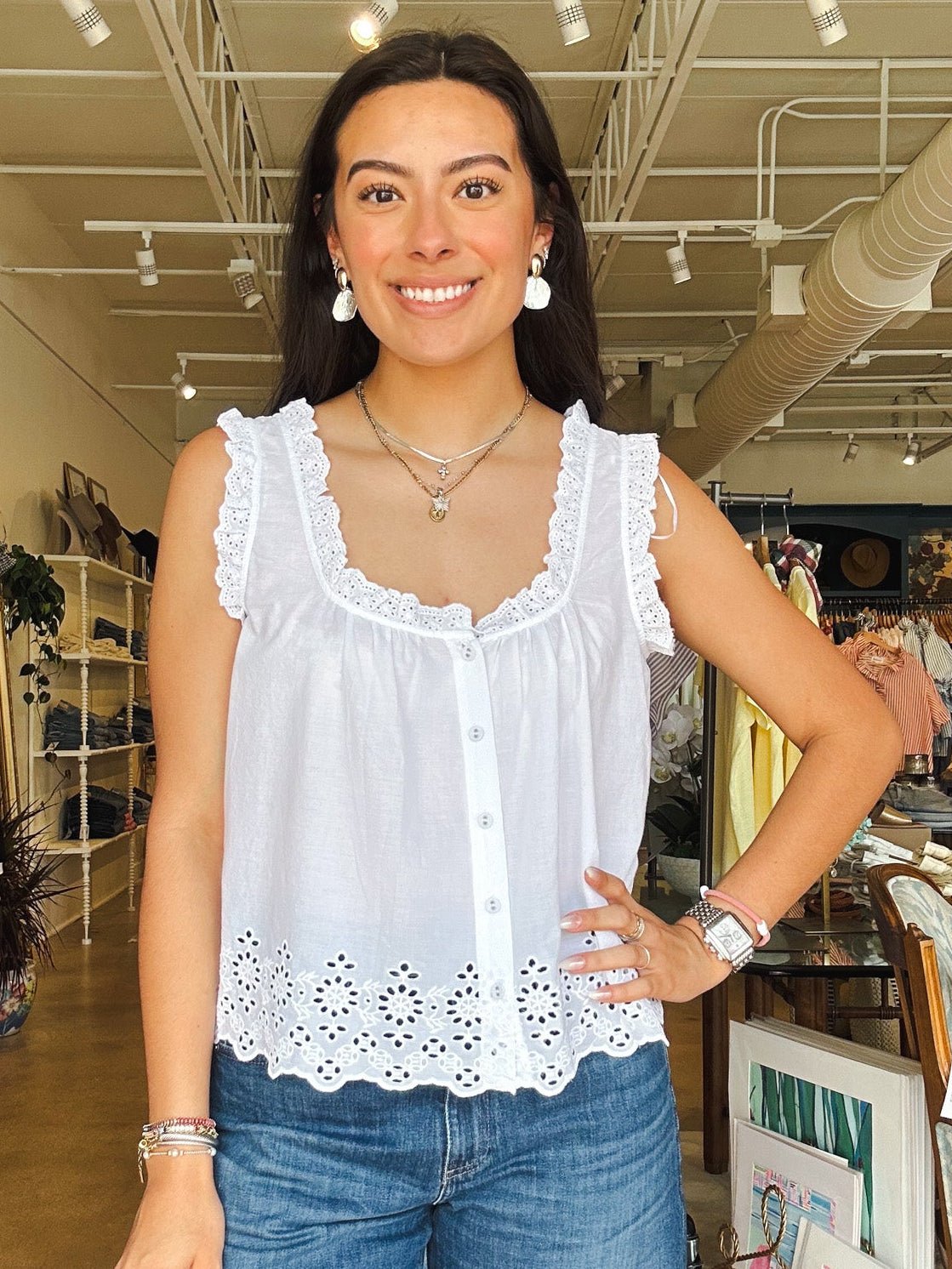 Rosabel Ruffle Eyelet Tank - White - Elle Maxine