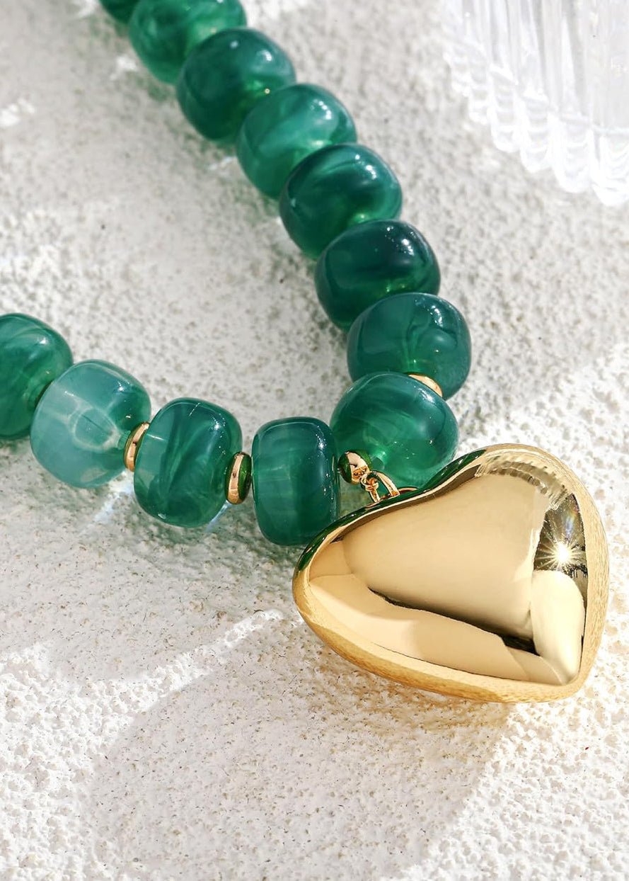 Roxie Beaded Heart Necklace - Green - Elle Maxine