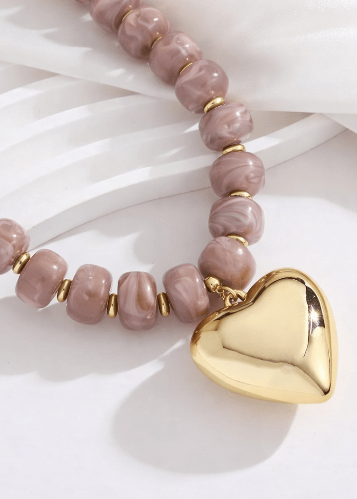 Roxie Beaded Heart Necklace - Pink - Elle Maxine