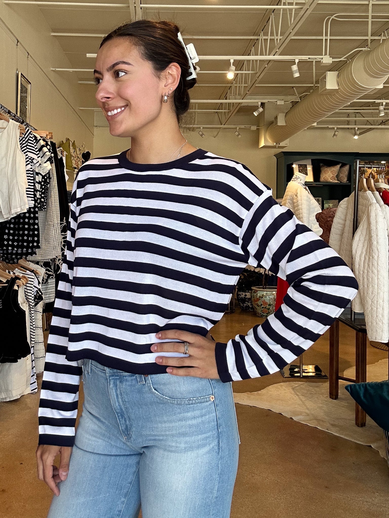 Rumi Lightweight Stripe Sweater - Navy - Elle Maxine