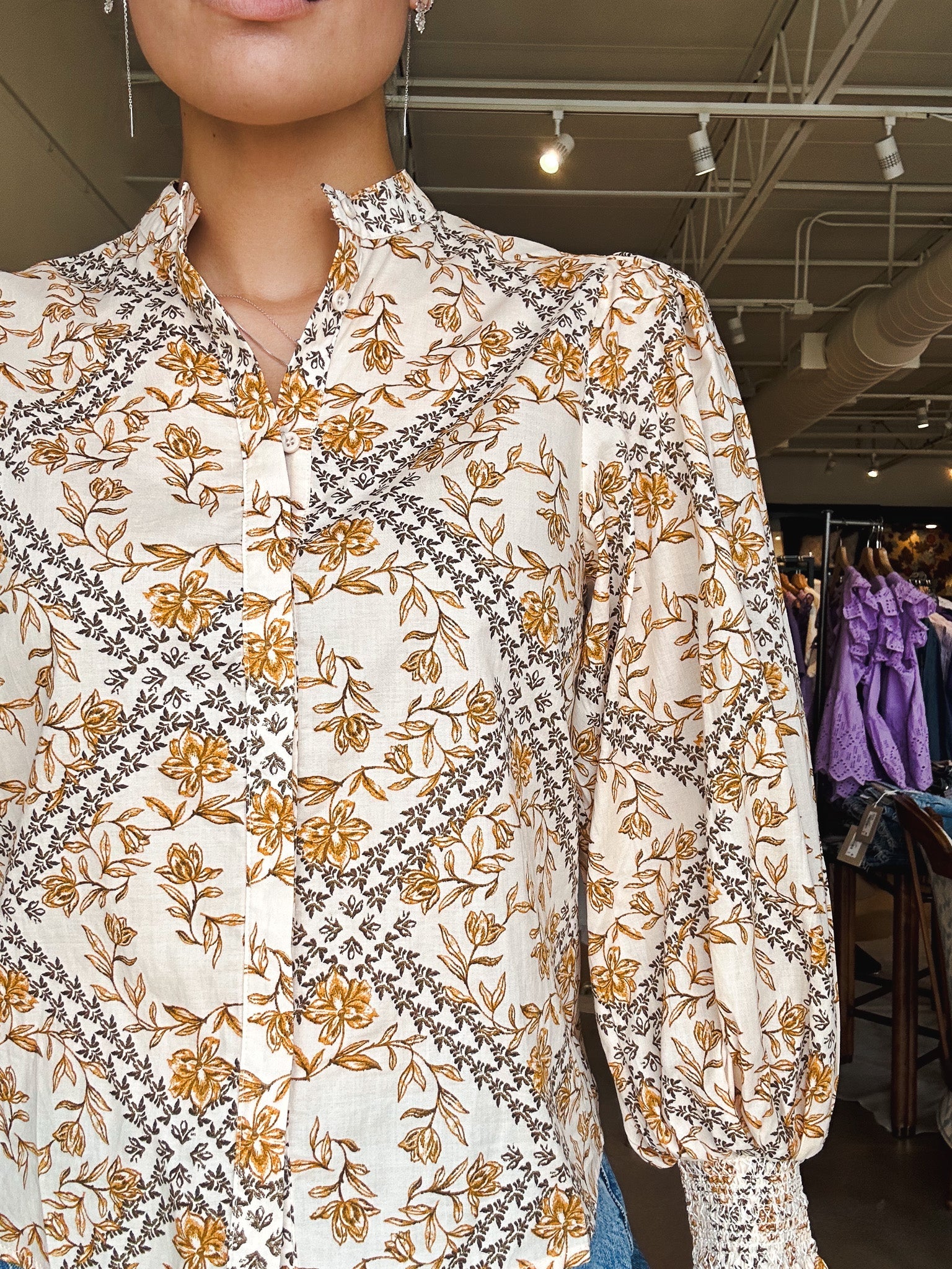 Sabrina Long Sleeve Top - Natural Floral - Elle Maxine