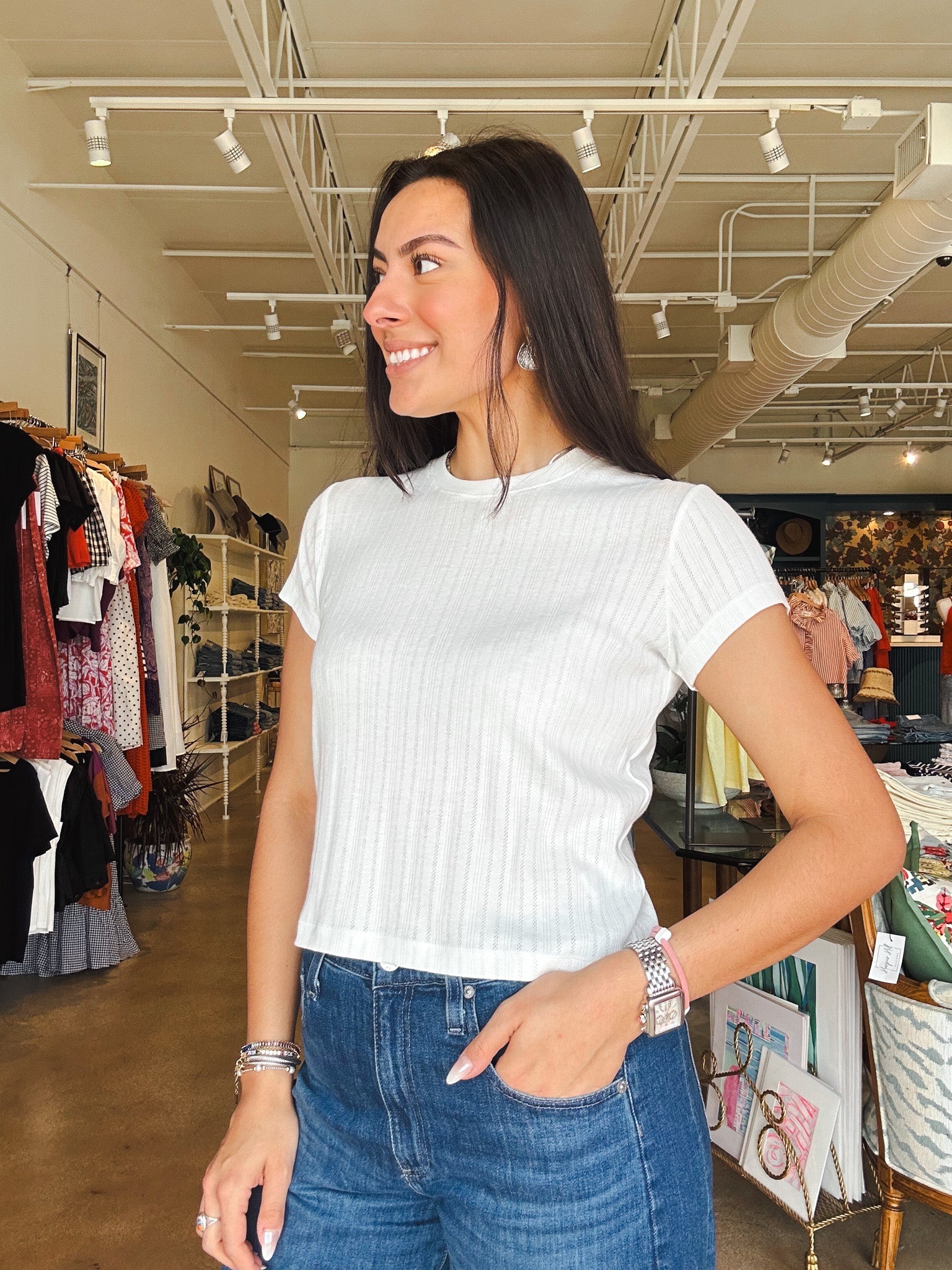 Sadie Crew Tee - White Pointelle - Elle Maxine