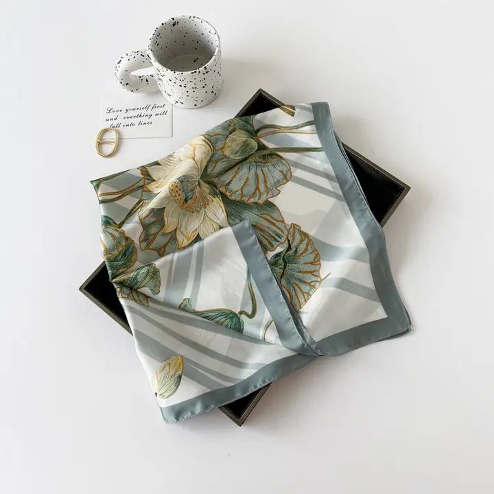 Sage Floral Satin Scarf - Elle Maxine