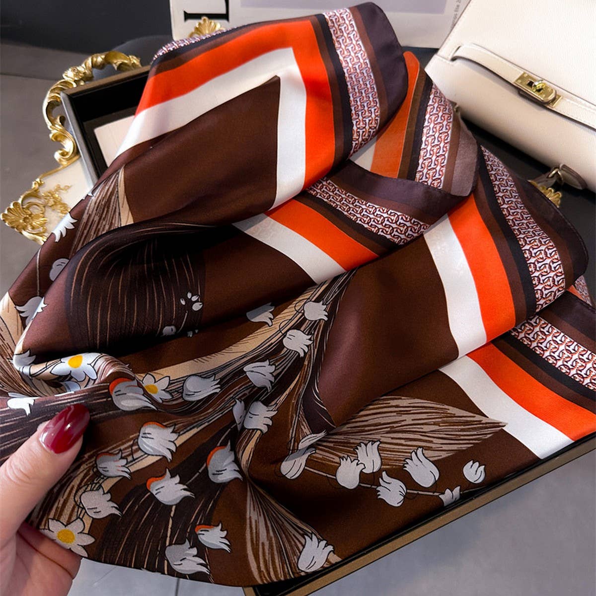 Satin Scarf - Brown/Orange Floral - Elle Maxine