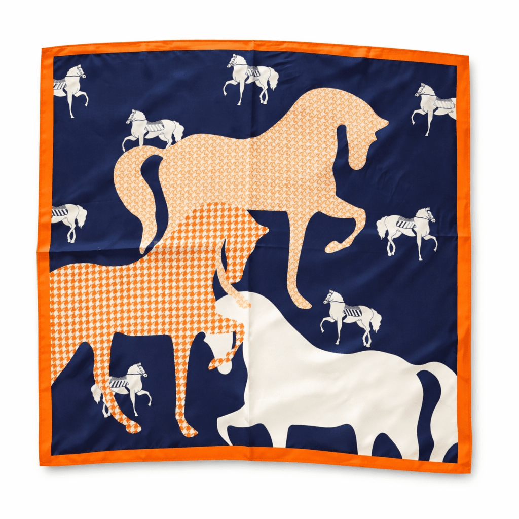 Satin Scarf - Orange/Navy Horses - Elle Maxine