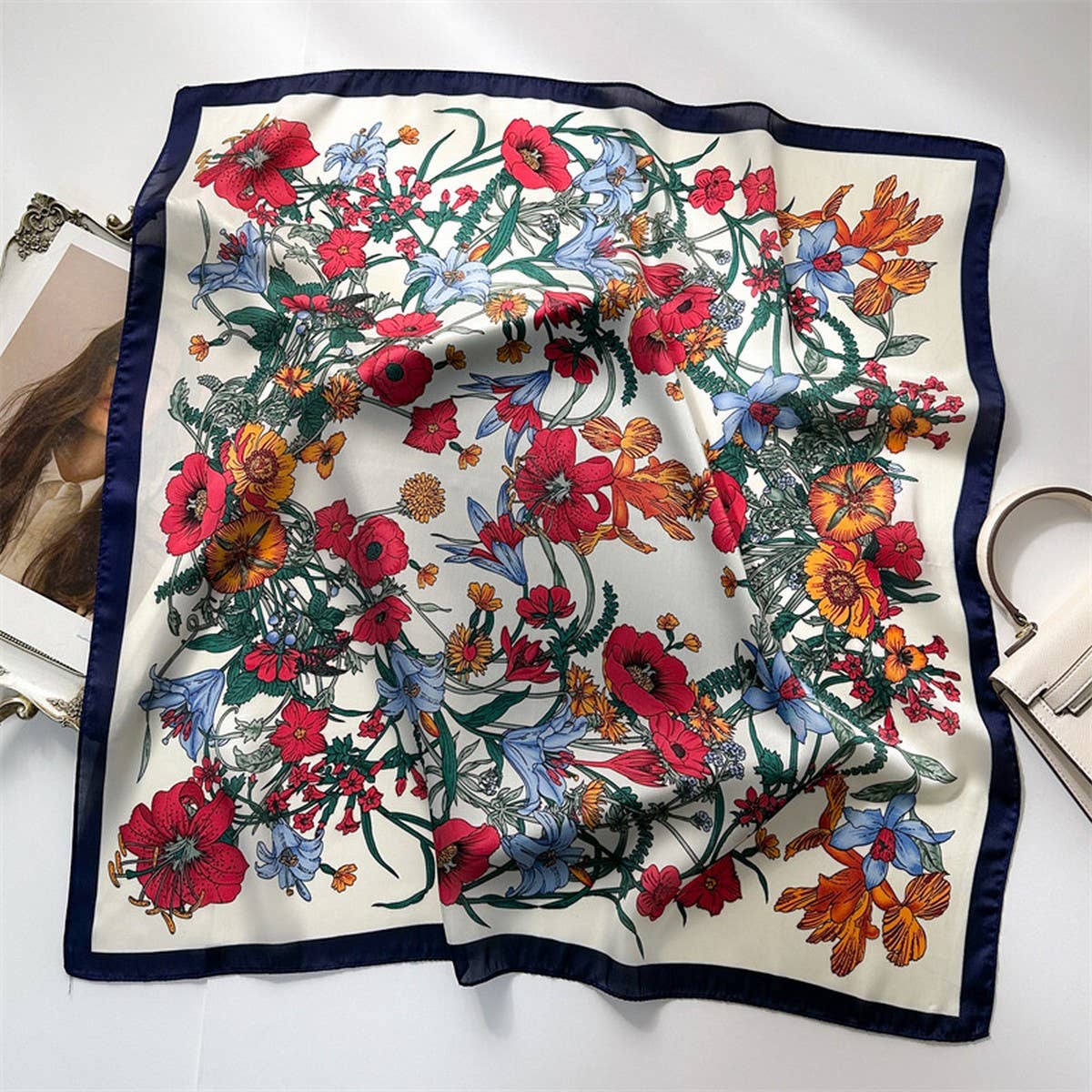 Satin Scarf - White Floral - Elle Maxine