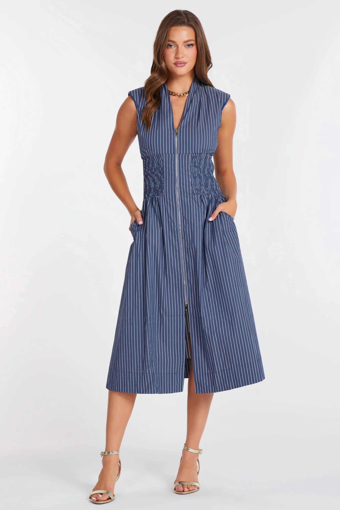Skye Zip Front Dress - Indigo Stripe - Elle Maxine