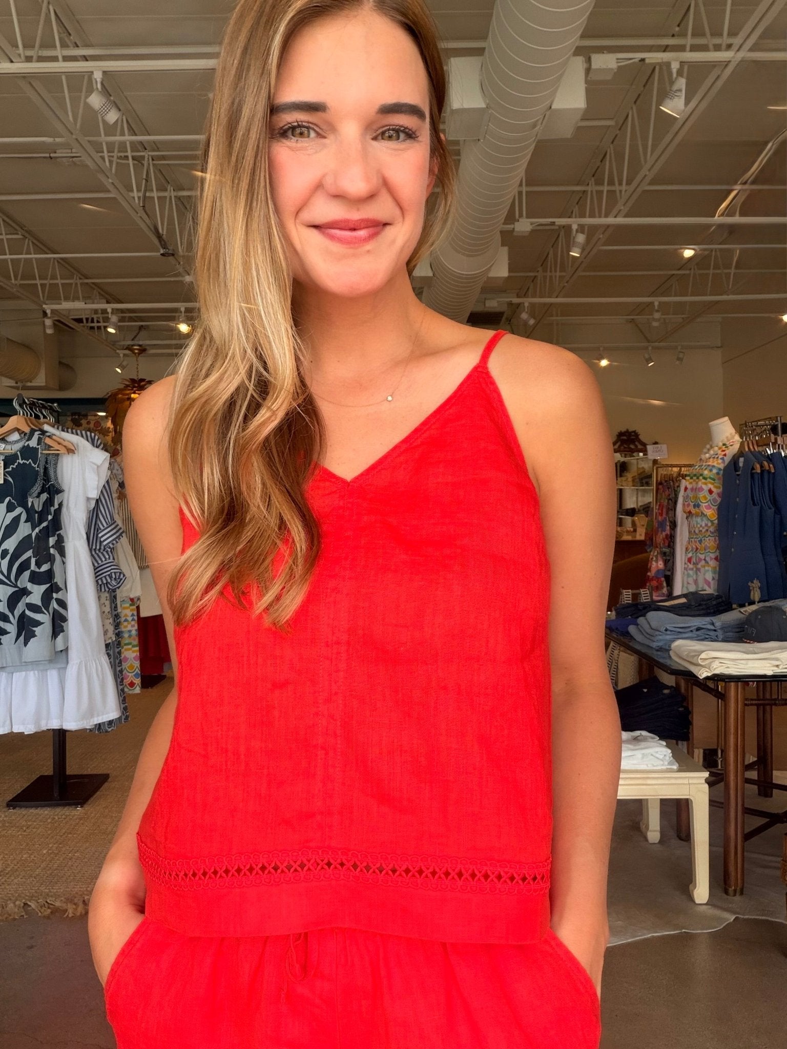 Stella Linen Trim Tank - Scarlet - Elle Maxine