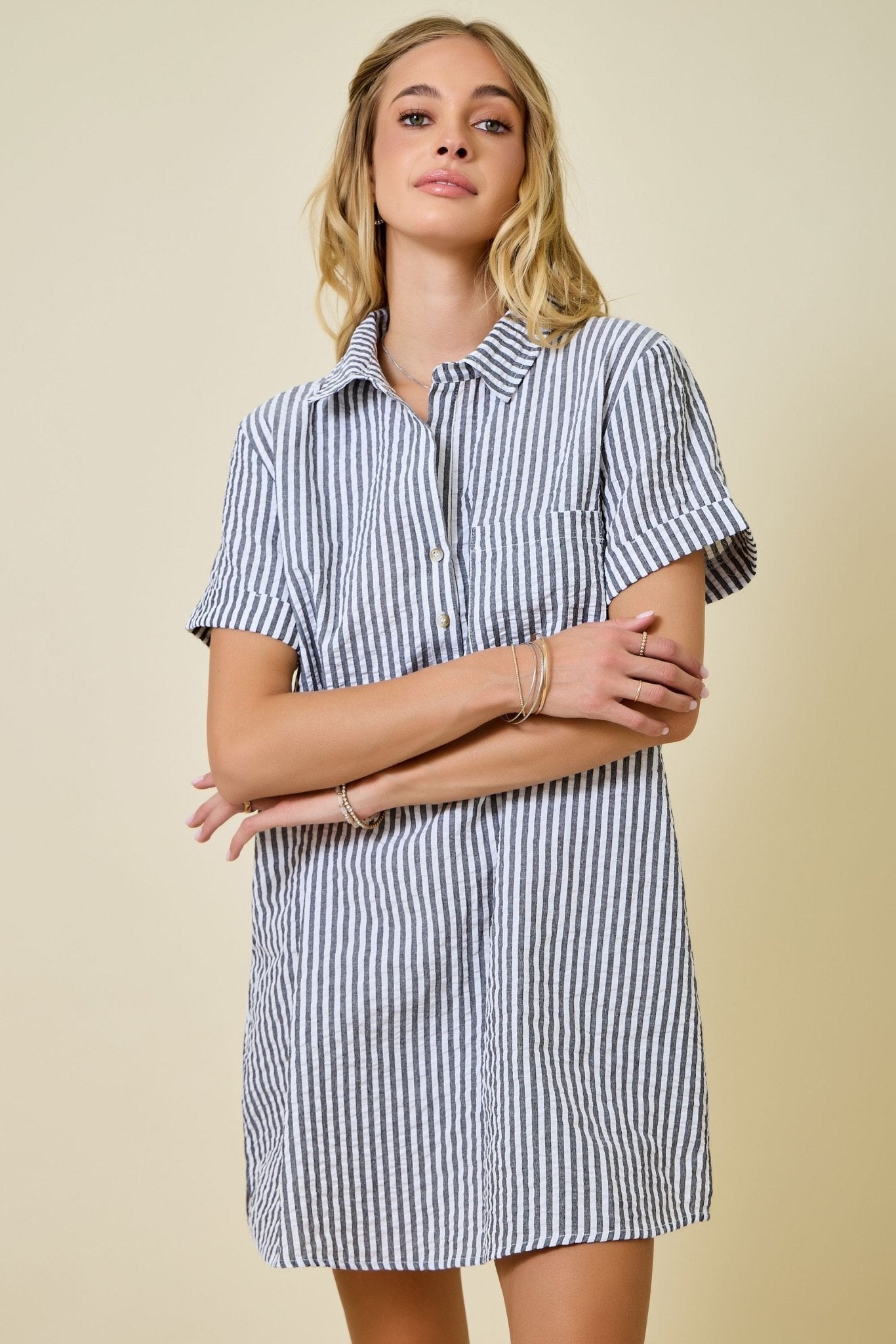 Striped Seersucker Shirt Dress Black / Large
