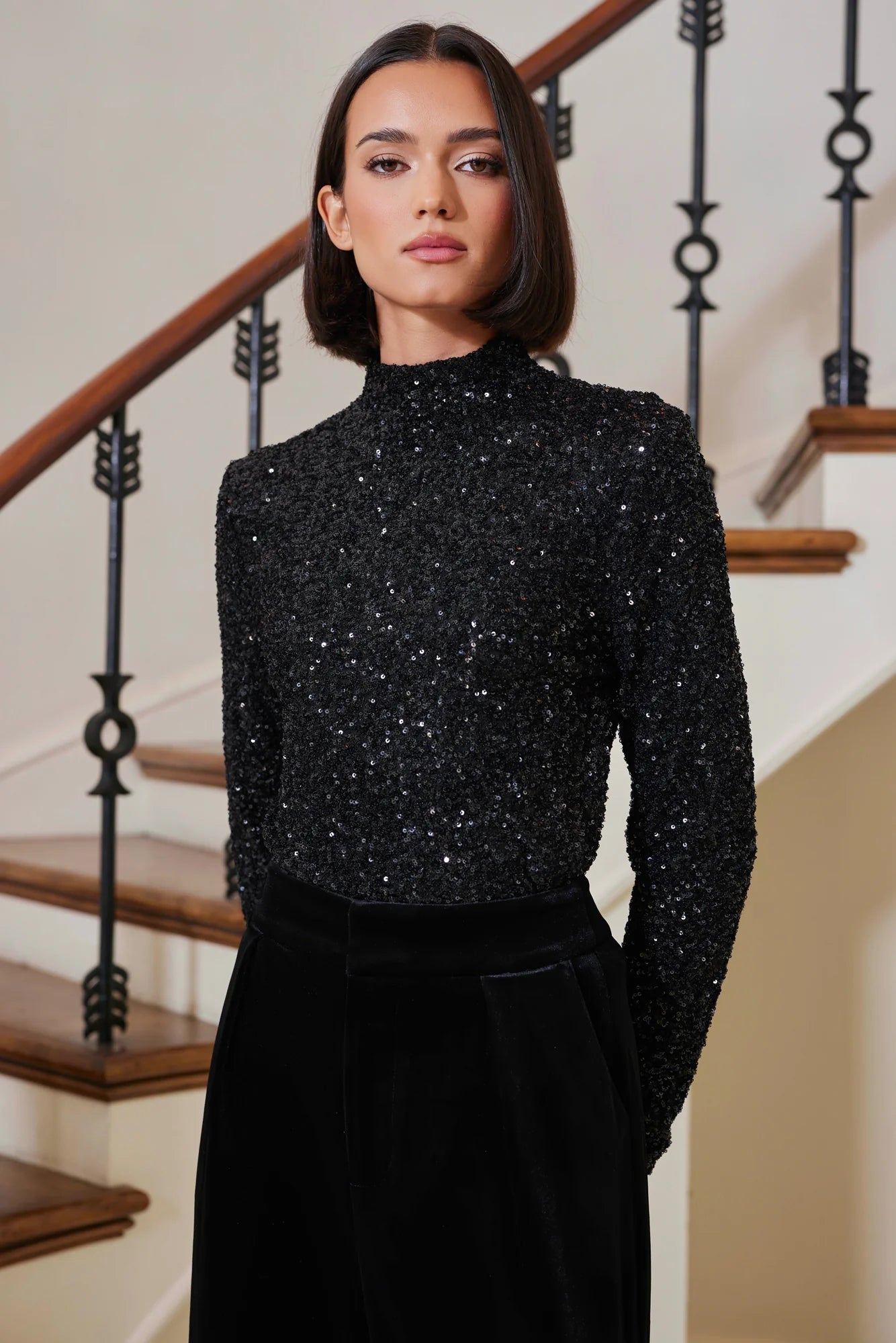 Sublime Funnel Neck Top - Caviar Sparkle - Elle Maxine