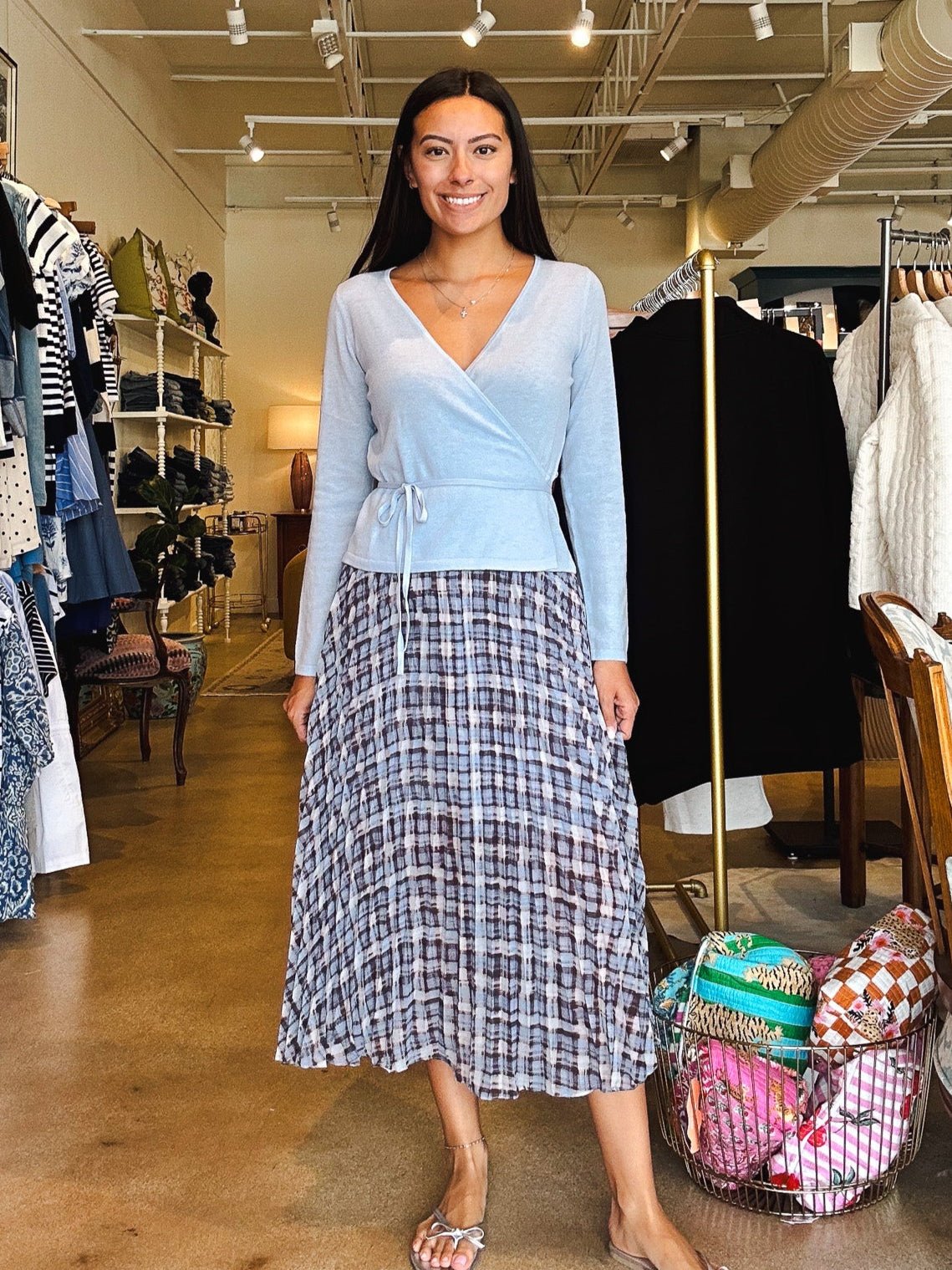 Talia Pleated Midi Skirt - Blue Plaid - Elle Maxine