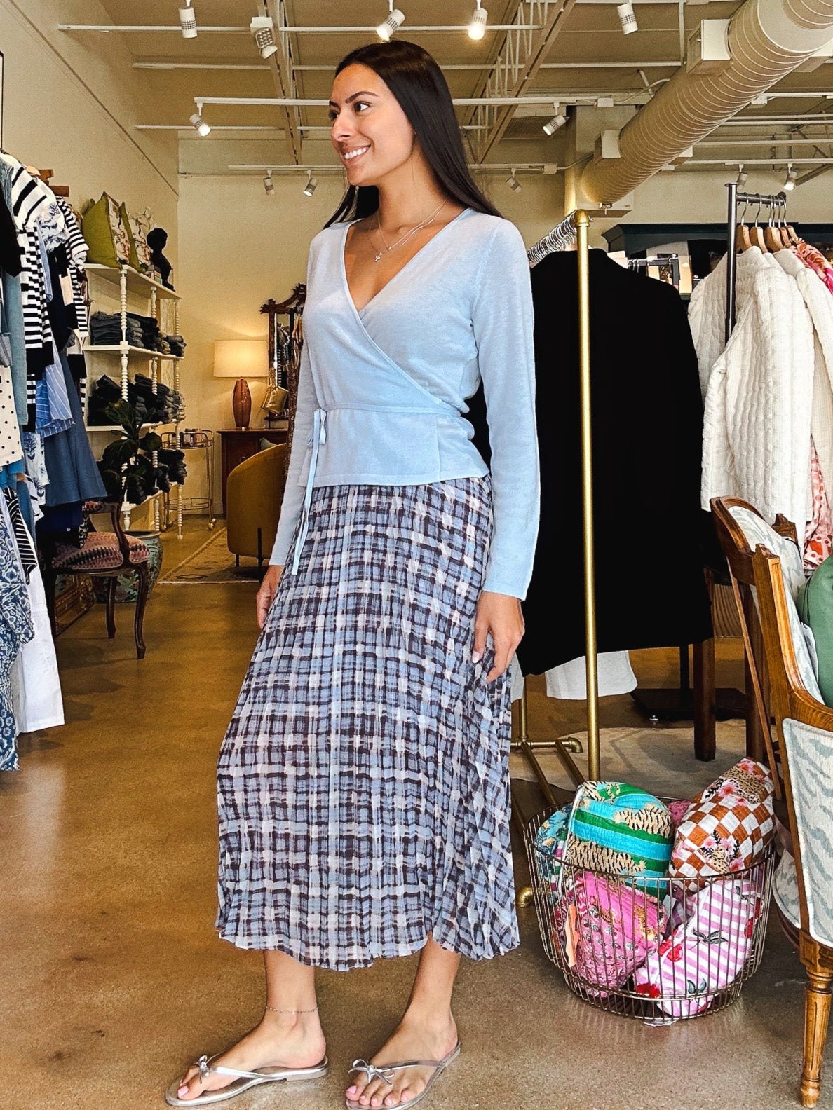 Talia Pleated Midi Skirt - Blue Plaid - Elle Maxine
