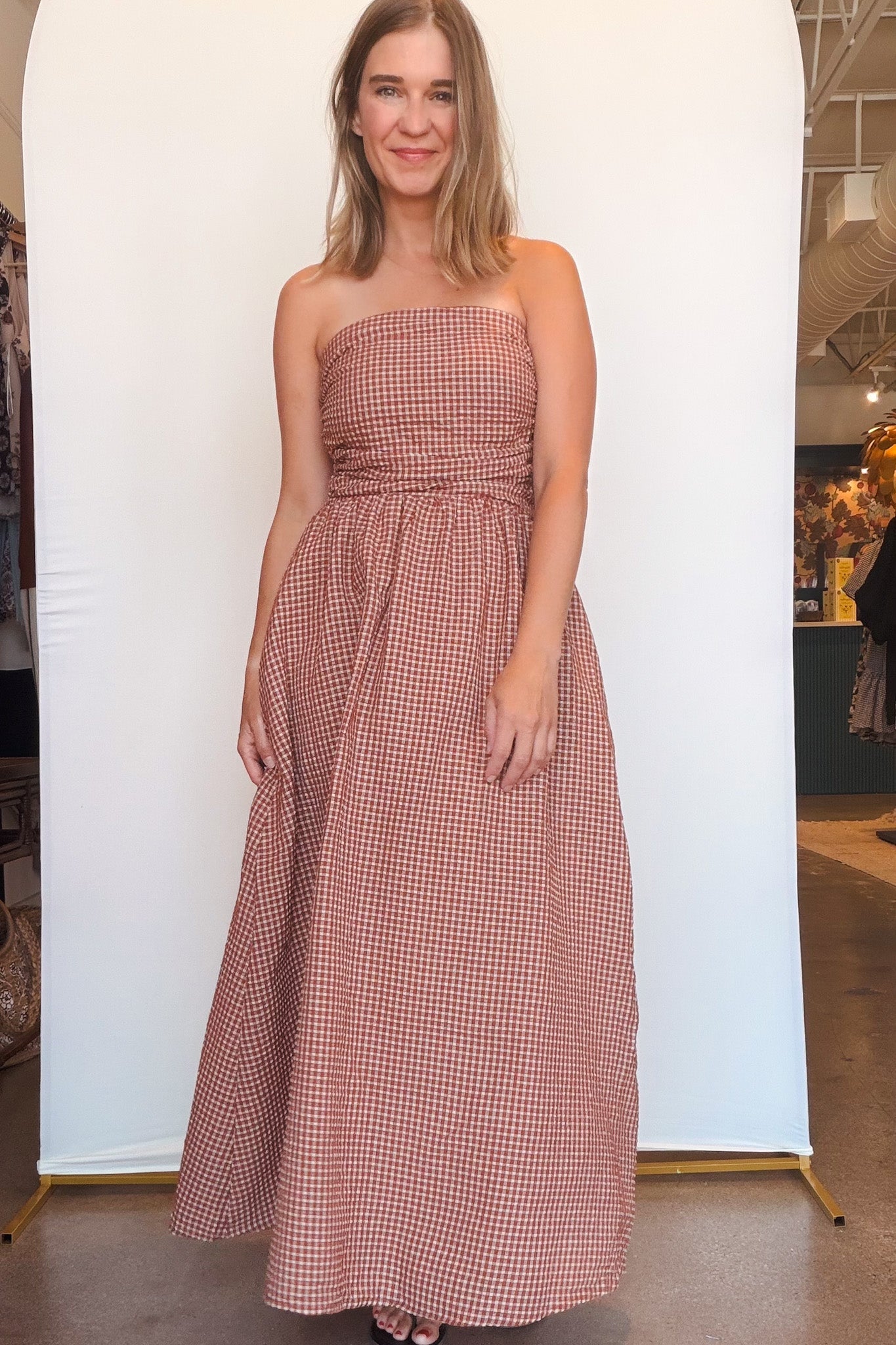 Terracotta Check Maxi Dress - Elle Maxine