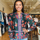 Tiffany Floral Satin Blouse - Green - Elle Maxine