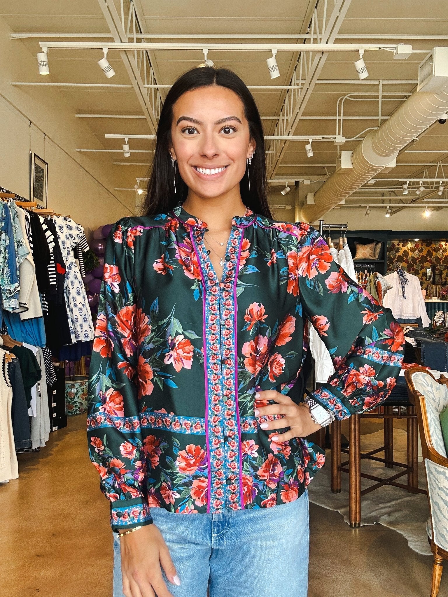 Tiffany Floral Satin Blouse - Green - Elle Maxine