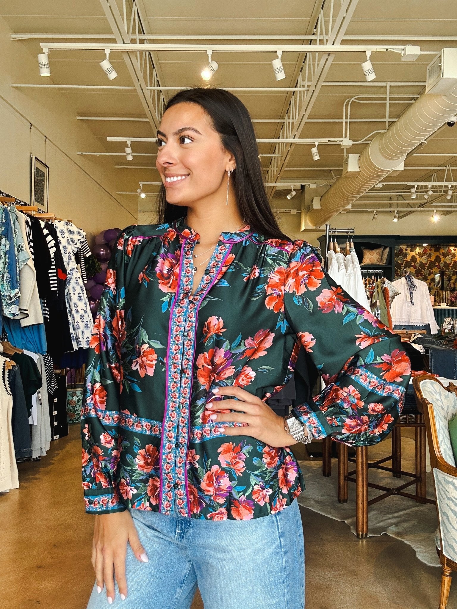 Tiffany Floral Satin Blouse - Green - Elle Maxine