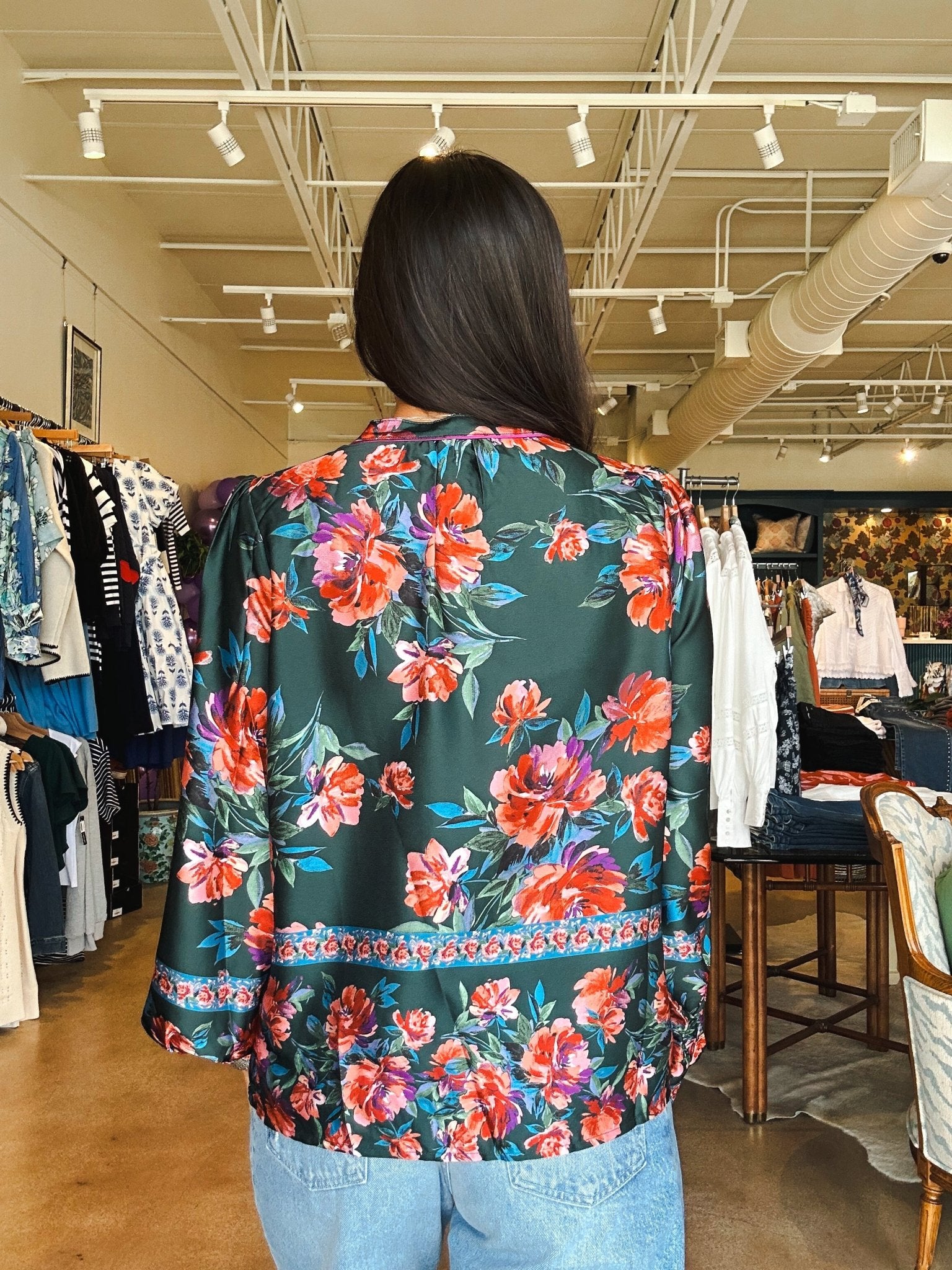 Tiffany Floral Satin Blouse - Green - Elle Maxine