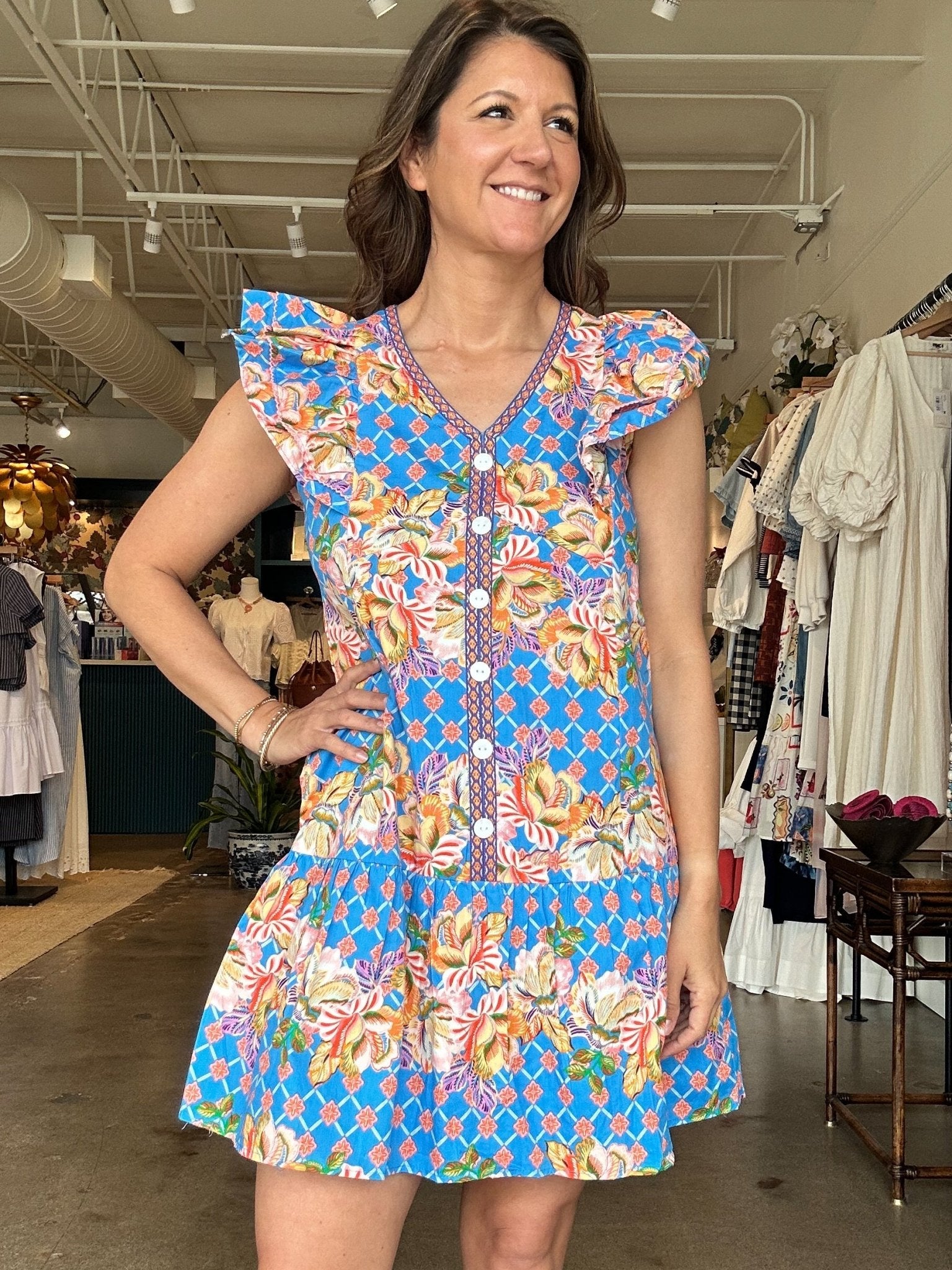 Tropics Flutter Sleeve Drop Waist Dress - Elle Maxine