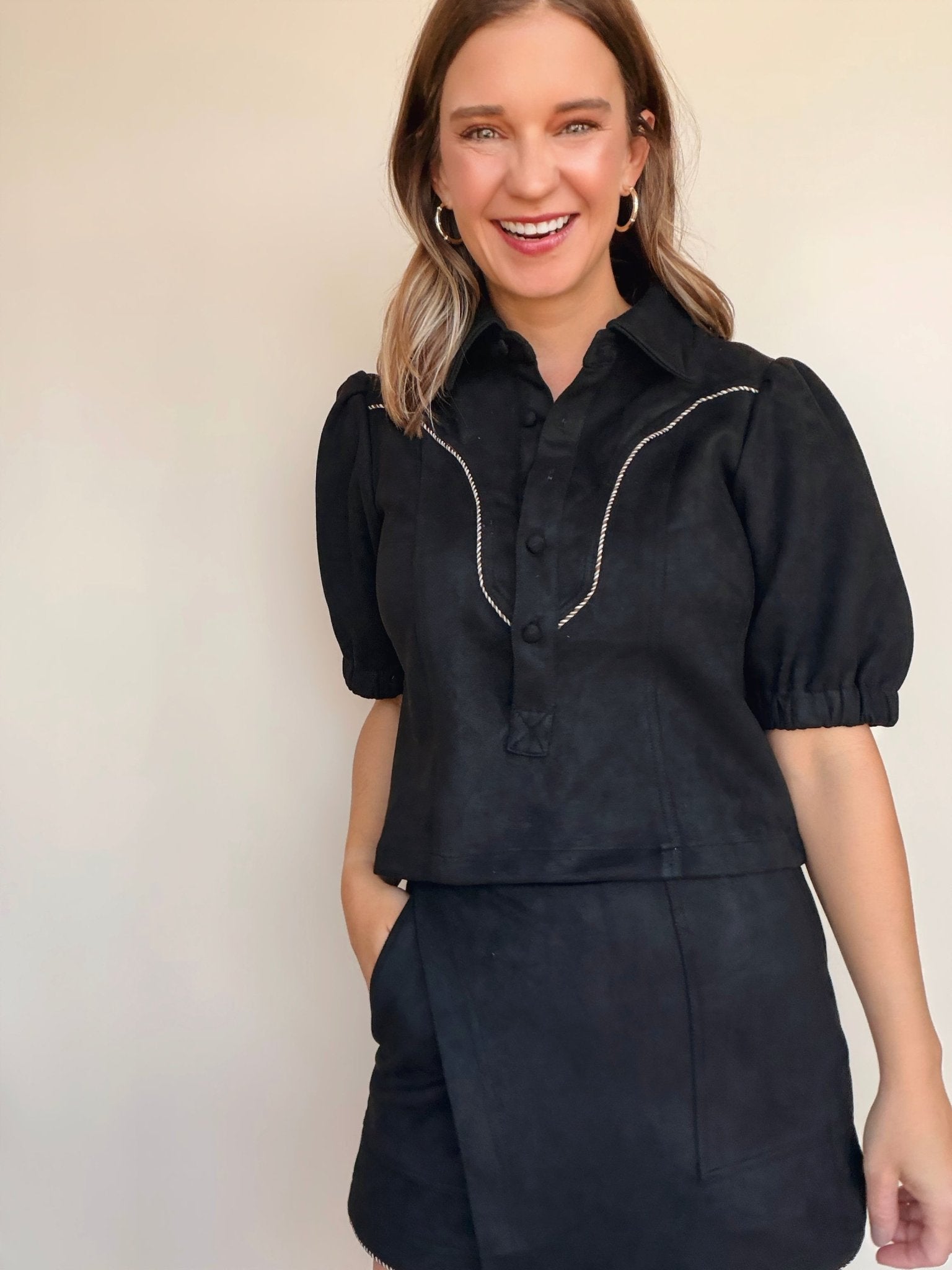 Vynessa Faux Suede Piping Detail Top - Elle Maxine