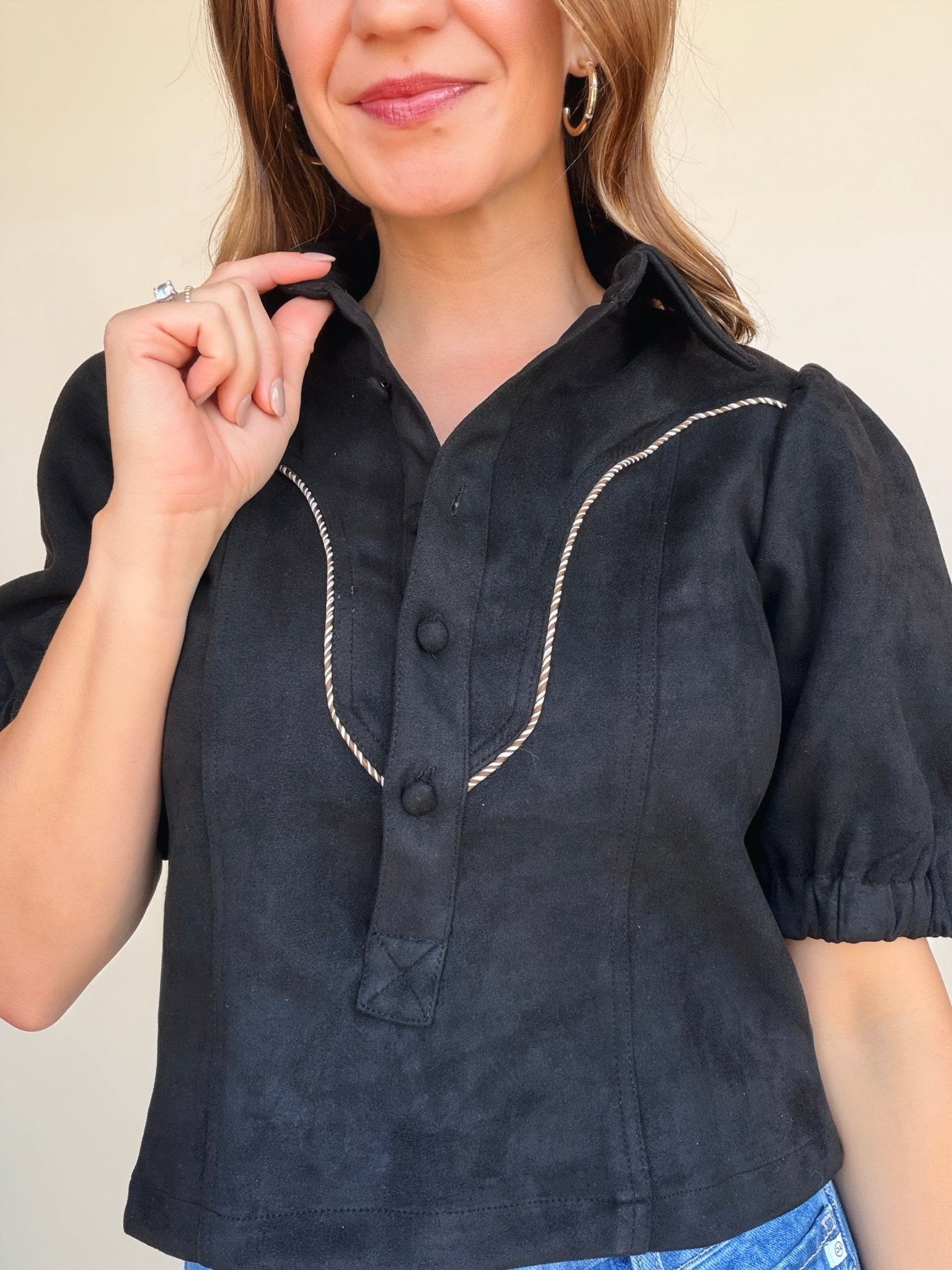 Vynessa Faux Suede Piping Detail Top - Elle Maxine
