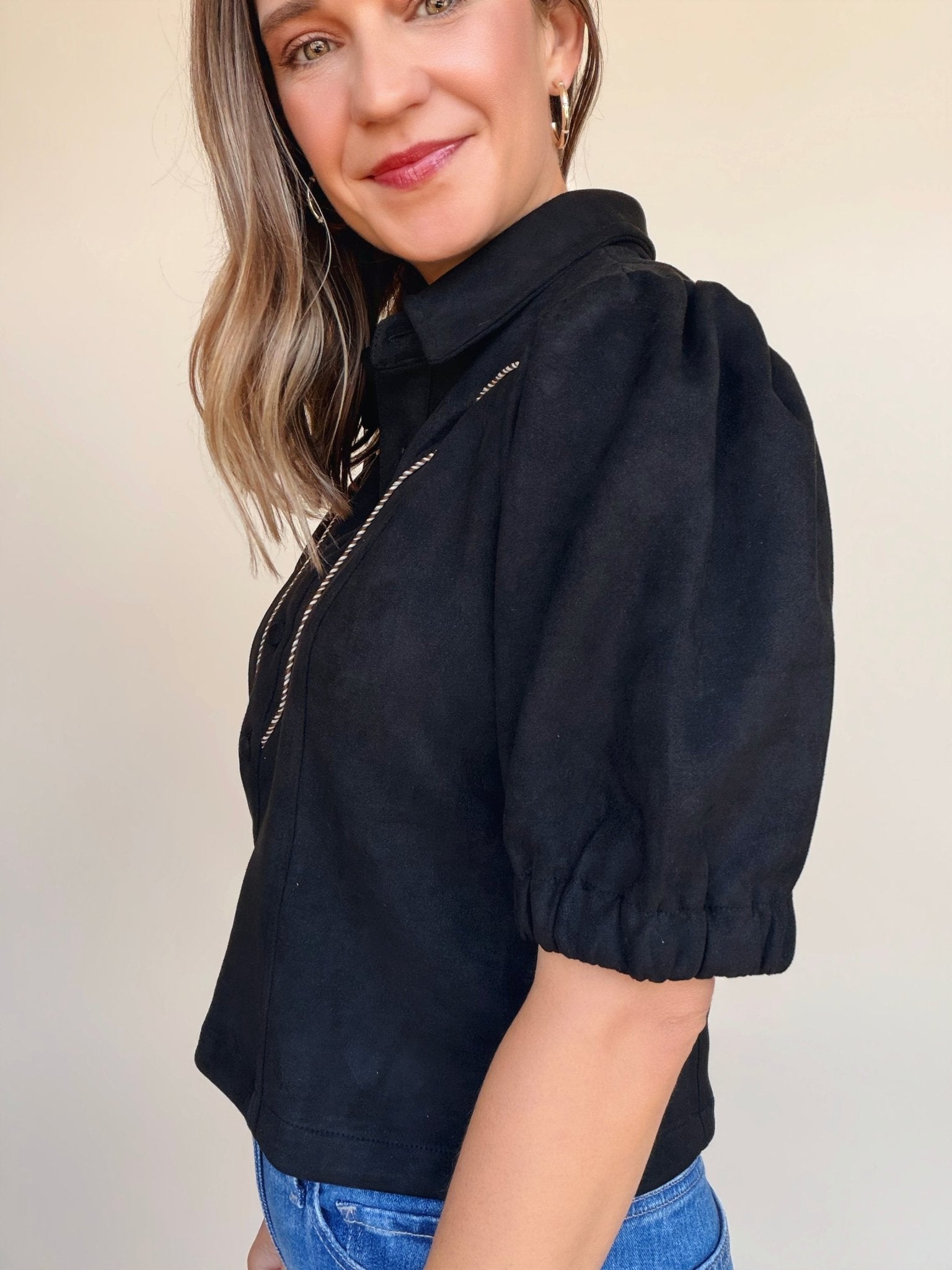 Vynessa Faux Suede Piping Detail Top - Elle Maxine