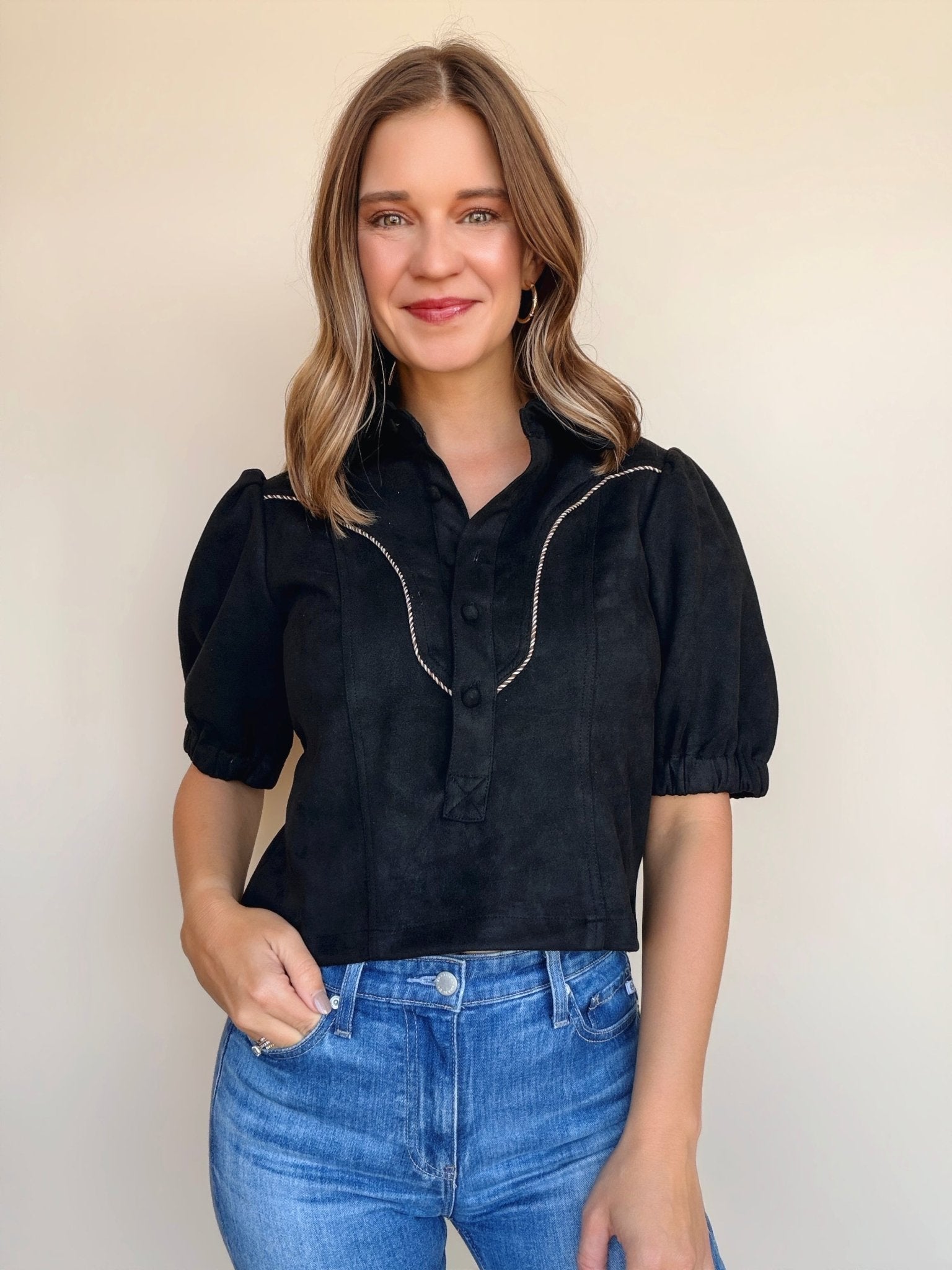 Vynessa Faux Suede Piping Detail Top - Elle Maxine