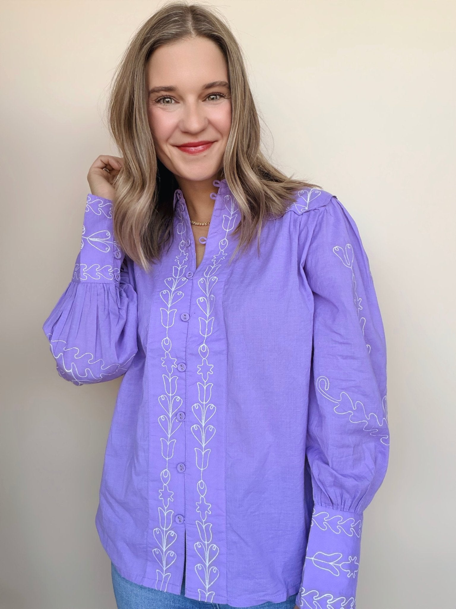 Yuna Embroidered Button Down Top - Elle Maxine